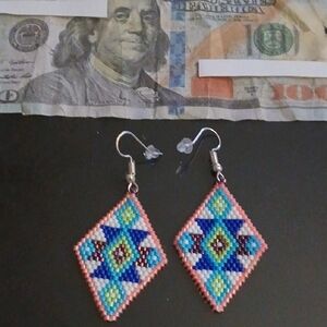 Handcrafted Beaded Earrings - Blue and Pink